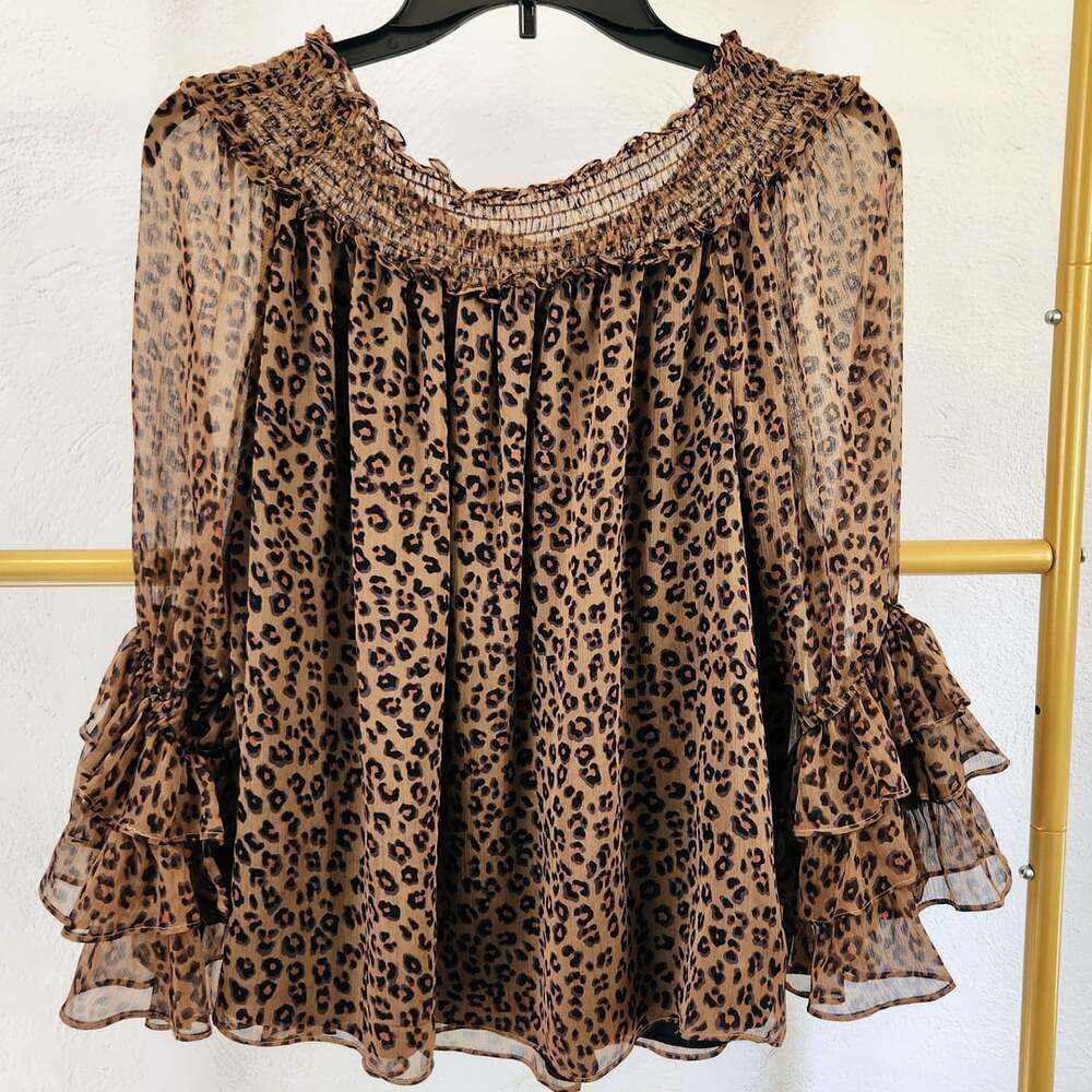 CeCe Smocked Off-the-Shoulder Leopard Print Ruffle Sleeve Top